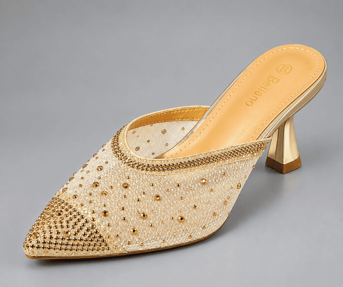 Embellished Mesh Mule Heel - Golden