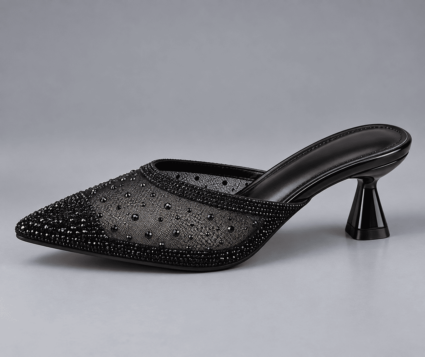 Embellished Mesh Mule Heel - black