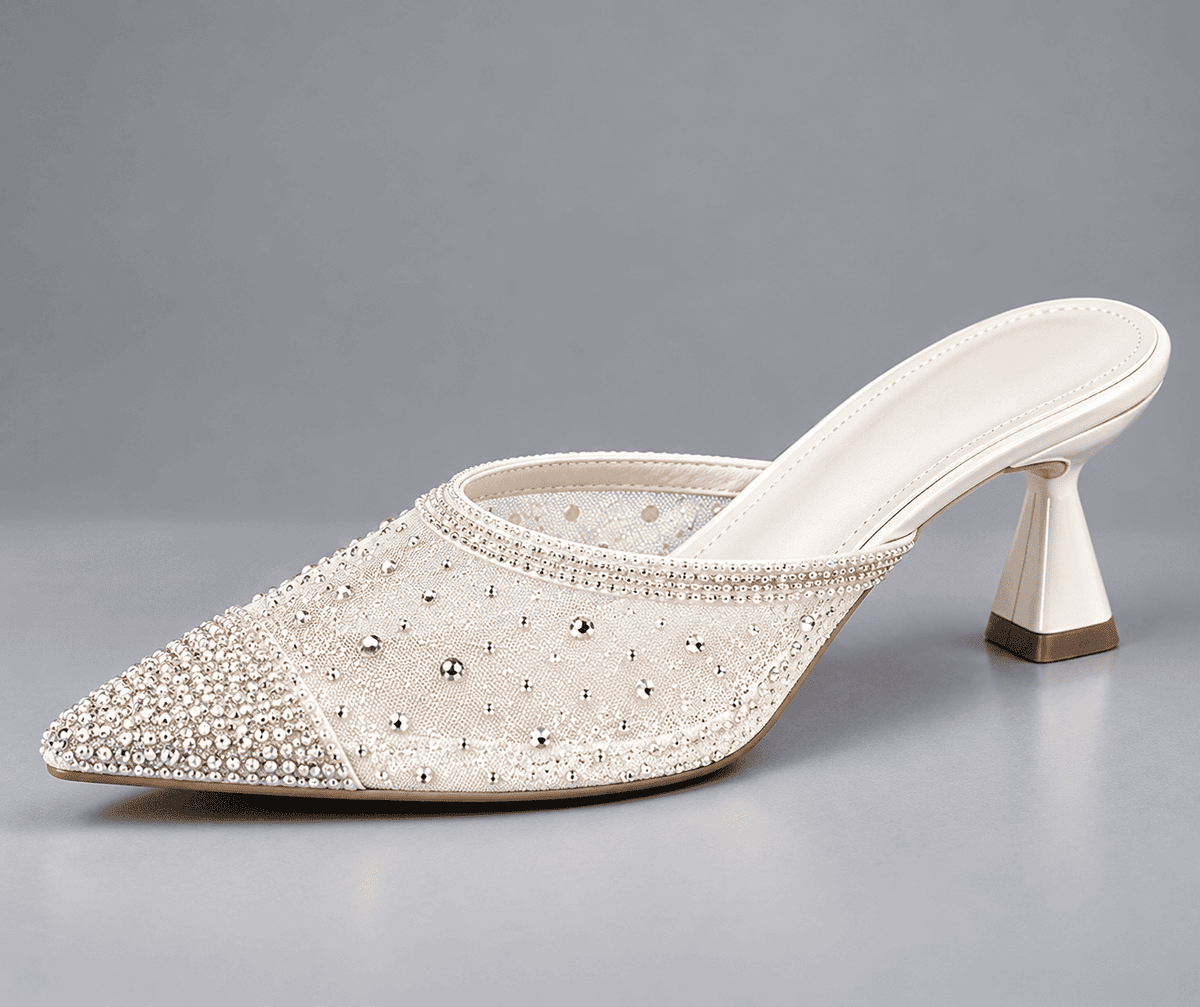 Embellished Mesh Mule Heel - White