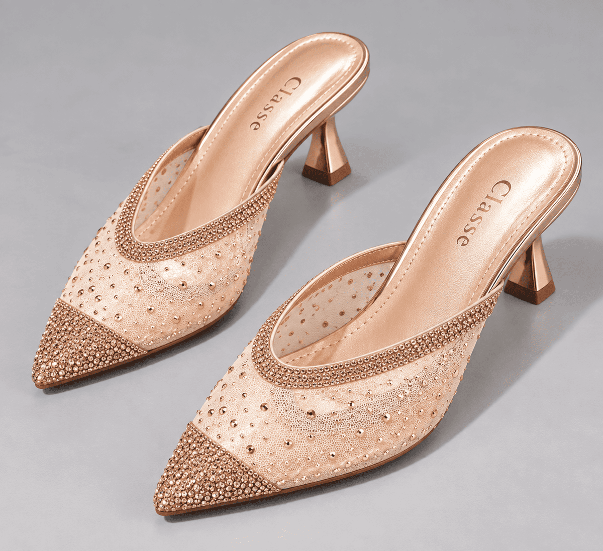 Embellished Mesh Mule Heel - Rose-Gold Crystal