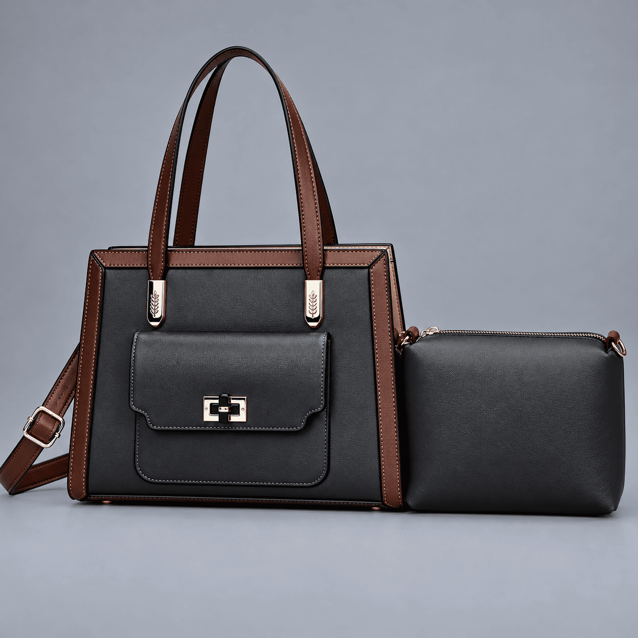 Women's Terracotta Structured Handbag & Pouch Set - Black - Black