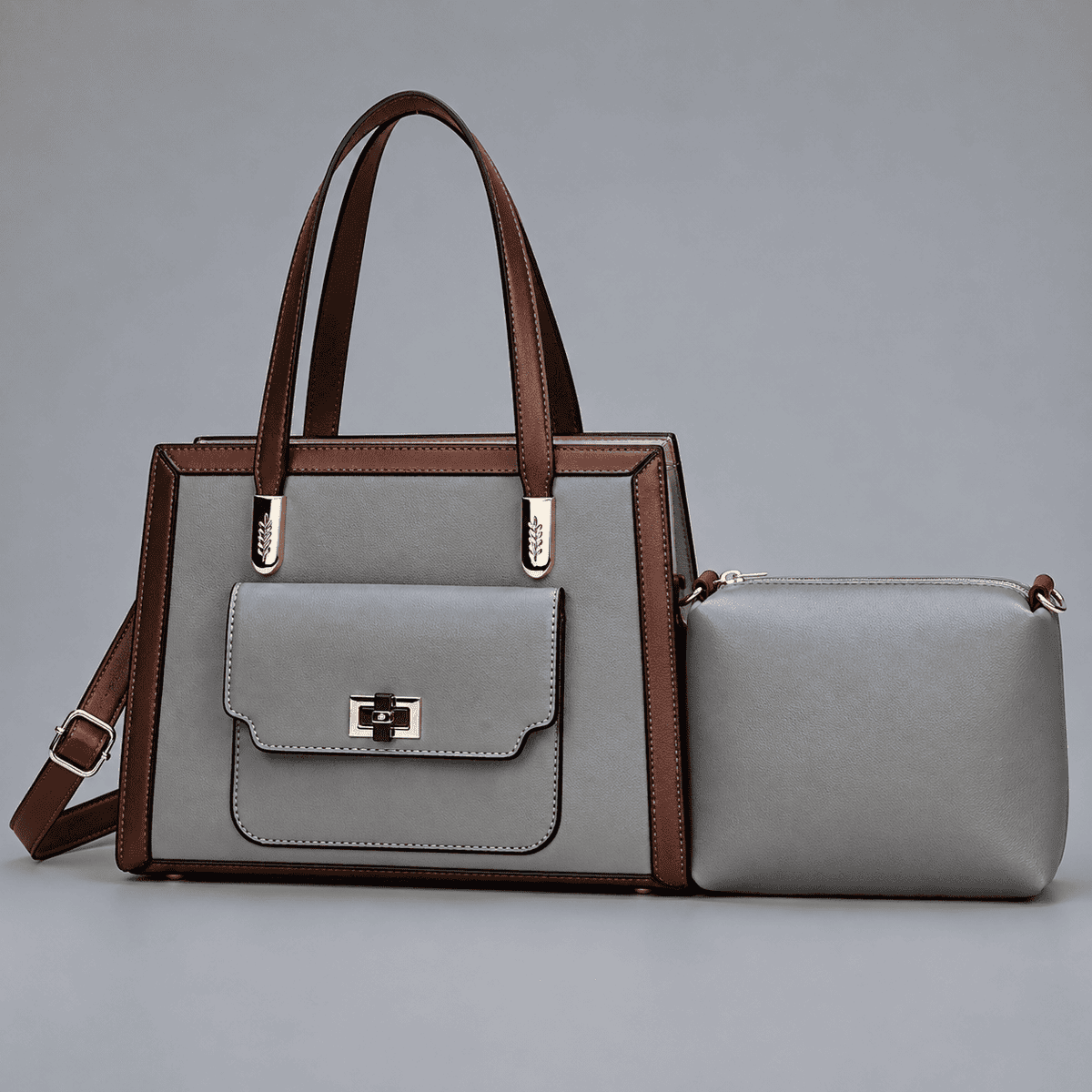 Women's Terracotta Structured Handbag & Pouch Set - Gray - Gray