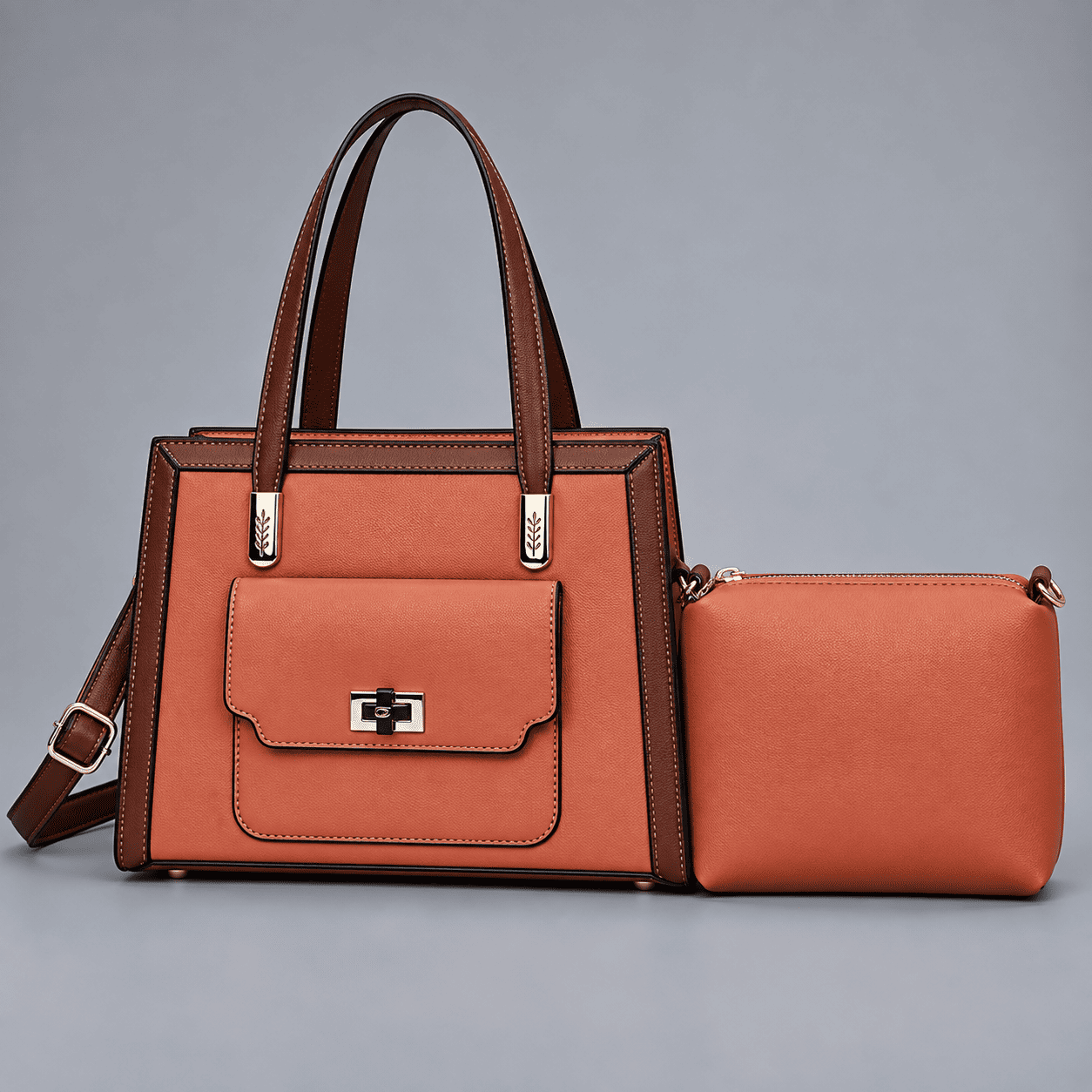 Women's Terracotta Structured Handbag & Pouch Set - brown - brown