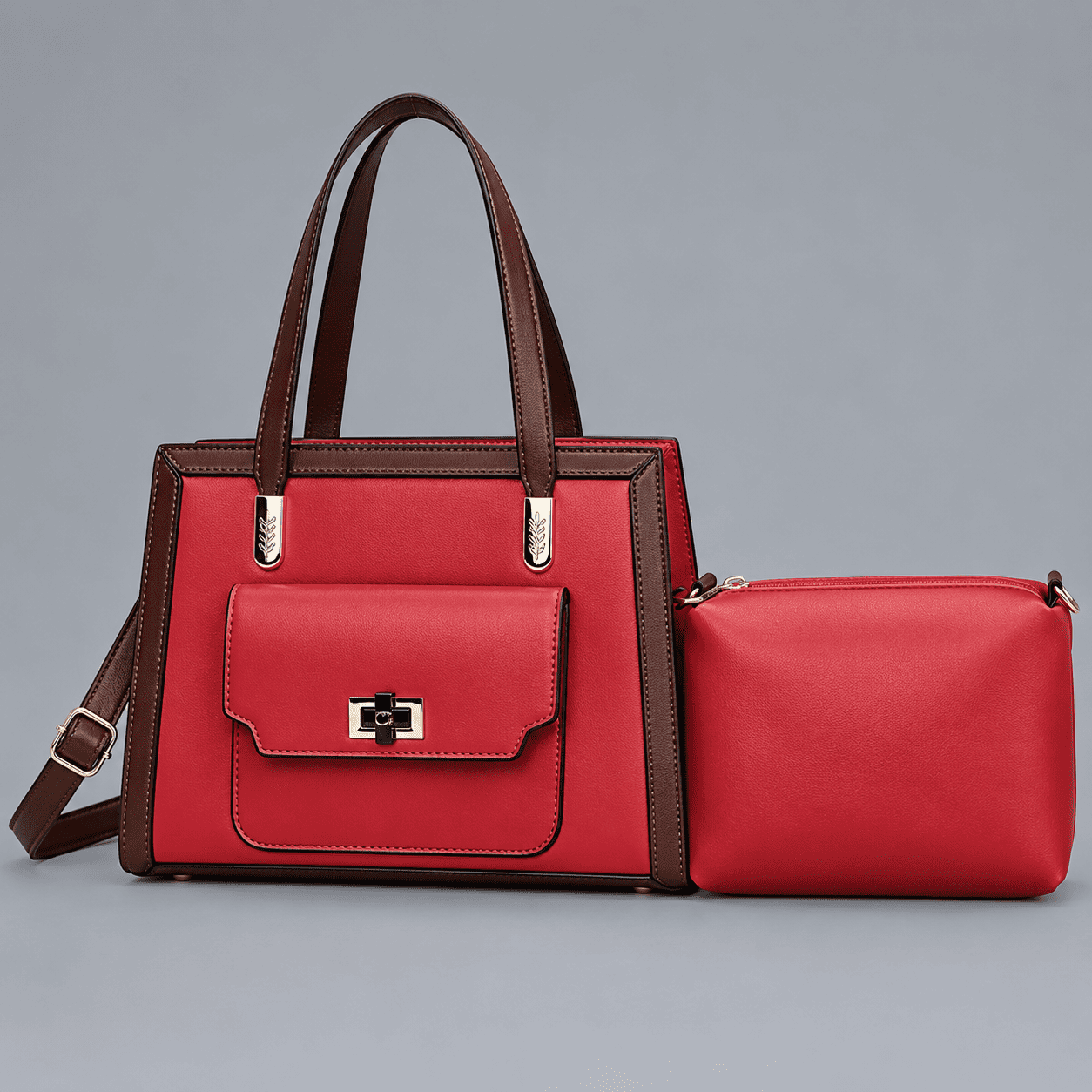 Women's Terracotta Structured Handbag & Pouch Set - Red - Red