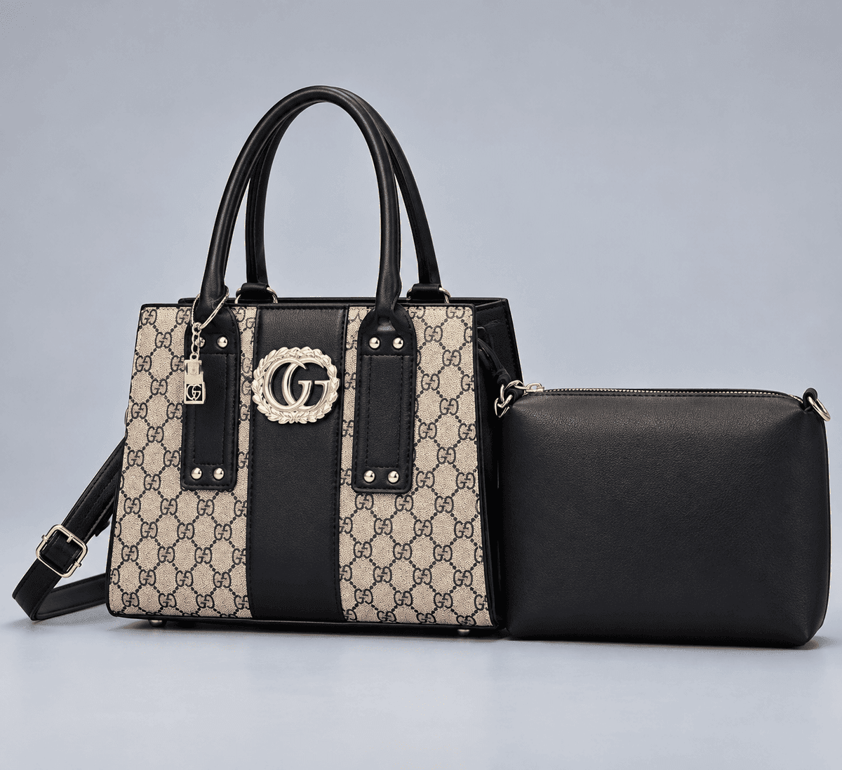 Women's Monogram Print Structured Handbag and Pouch Set - Black - Black