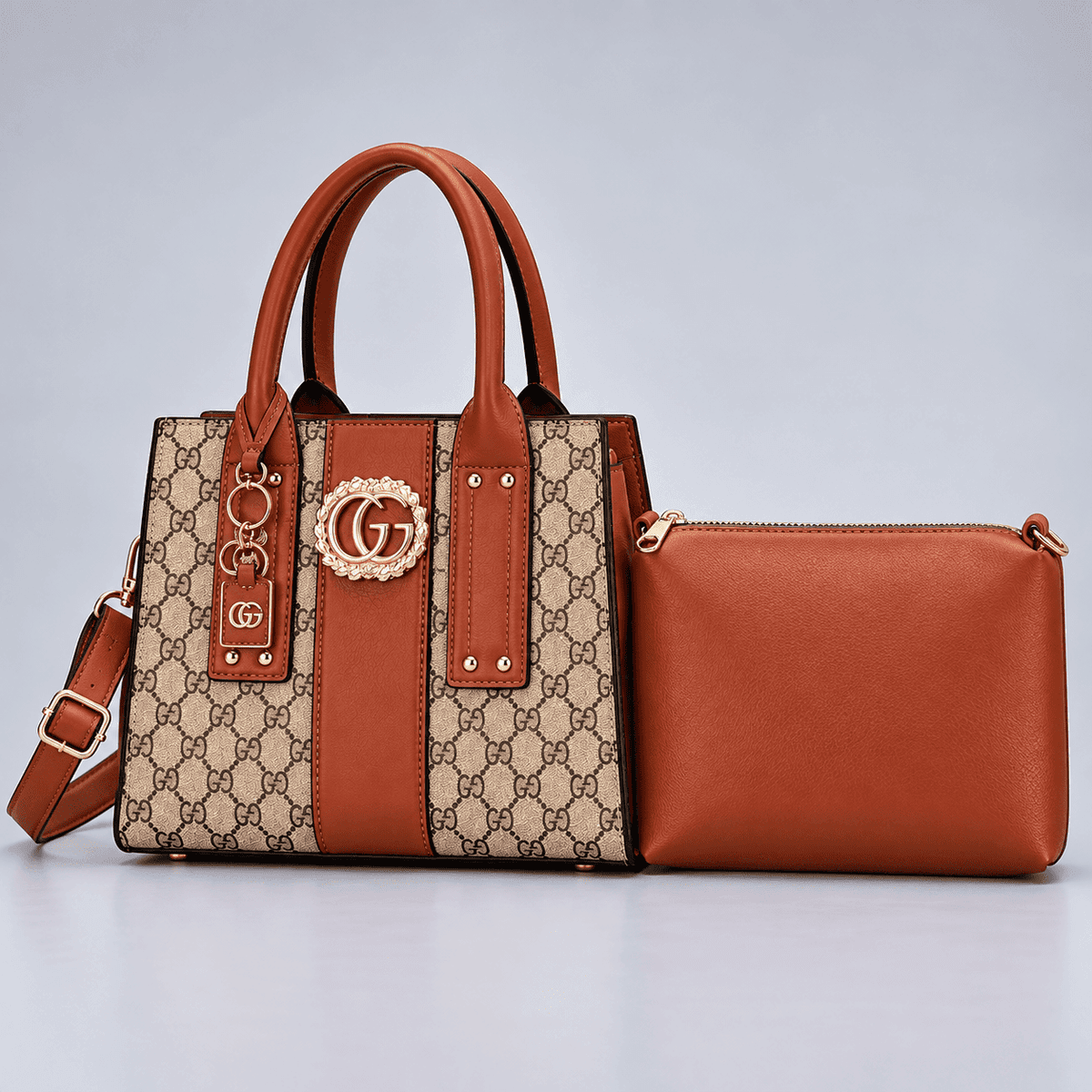Women's Monogram Print Structured Handbag and Pouch Set - orange - orange