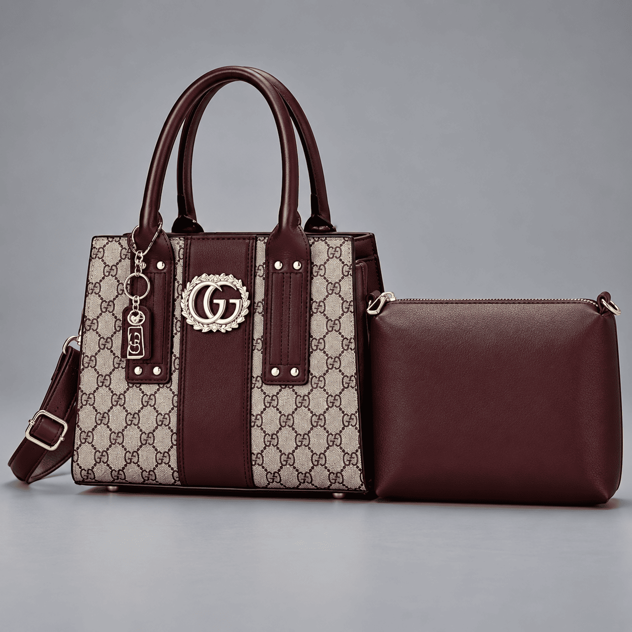 Women's Monogram Print Structured Handbag and Pouch Set - Dark Brown - Dark Brown
