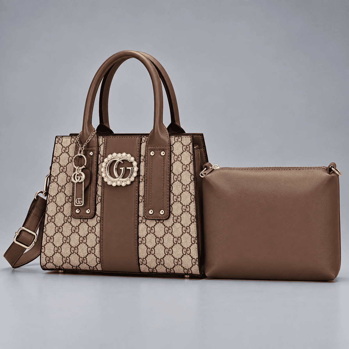 Women's Monogram Print Structured Handbag and Pouch Set - Brown - Brown