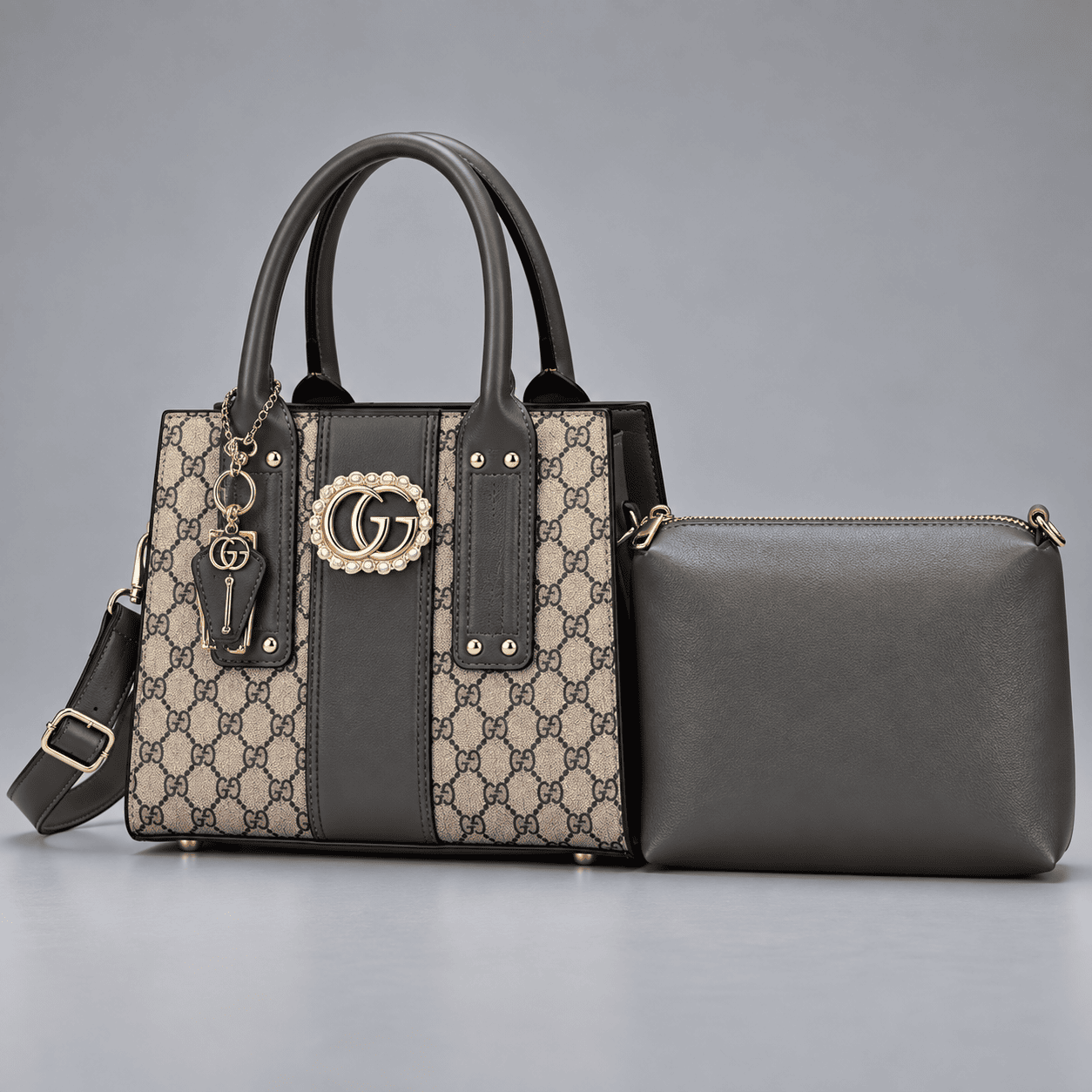Women's Monogram Print Structured Handbag and Pouch Set - Gray - Gray