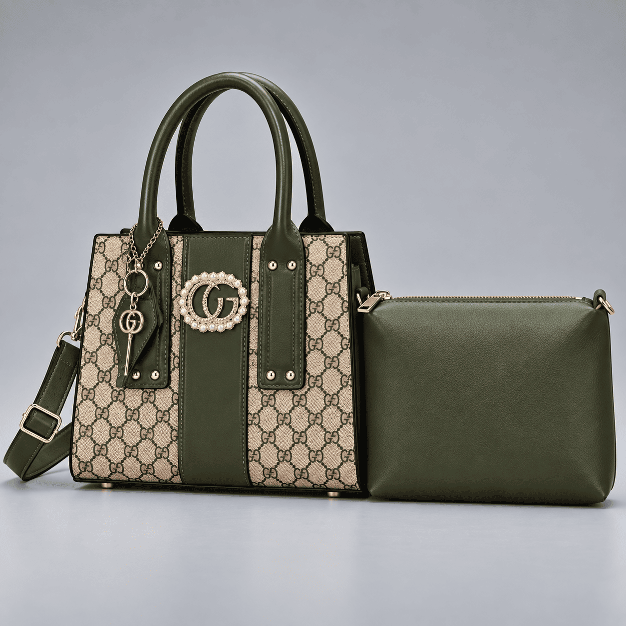 Women's Monogram Print Structured Handbag and Pouch Set - Green - Green