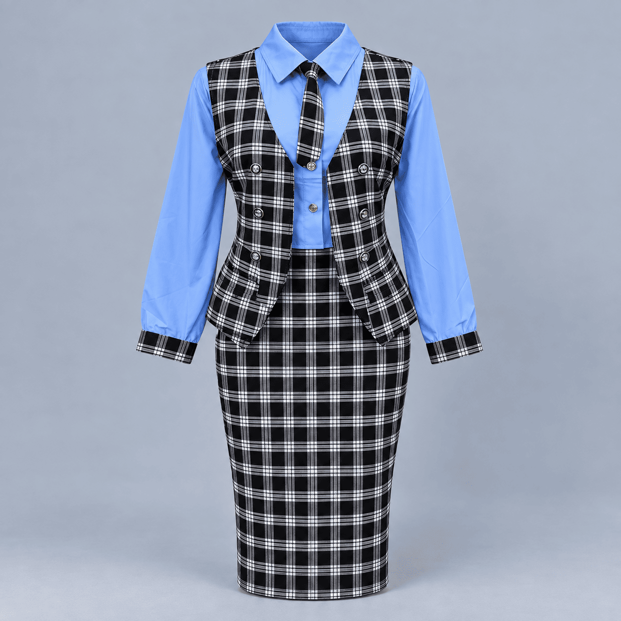 Women's Plaid Vest and Skirt Suit Set - Blue - Blue