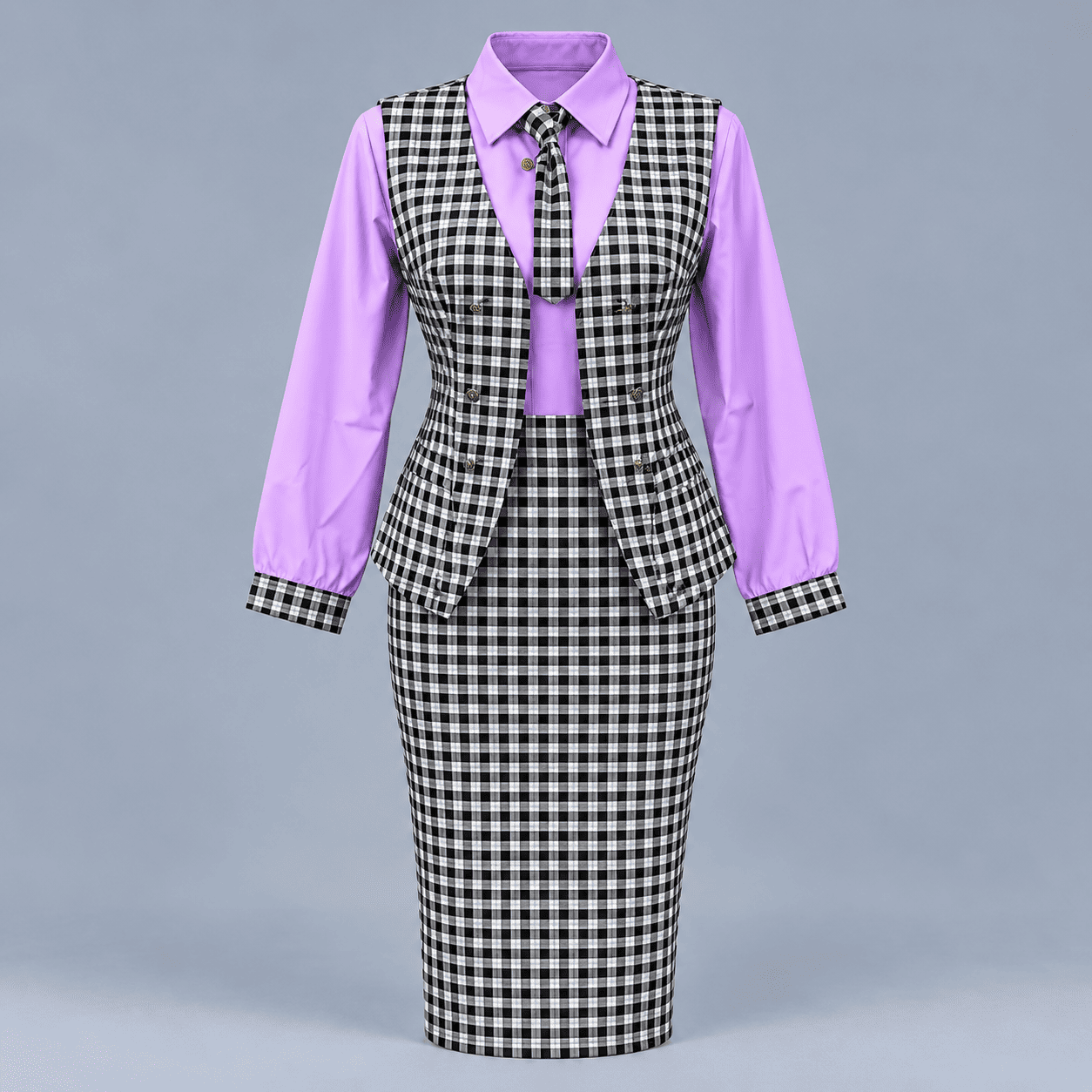 Women's Plaid Vest and Skirt Suit Set - purple - purple