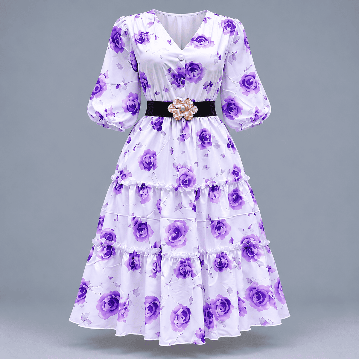 Women's Floral Print Belted Midi Dress - Purple - Purple