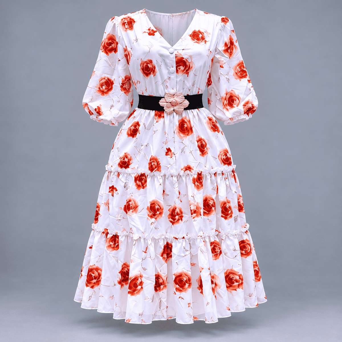 Women's Floral Print Belted Midi Dress - Red - Red