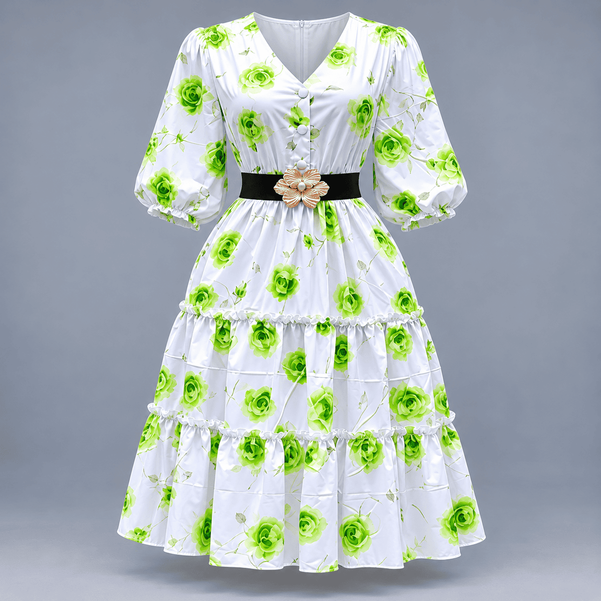 Women's Floral Print Belted Midi Dress - Green - Green