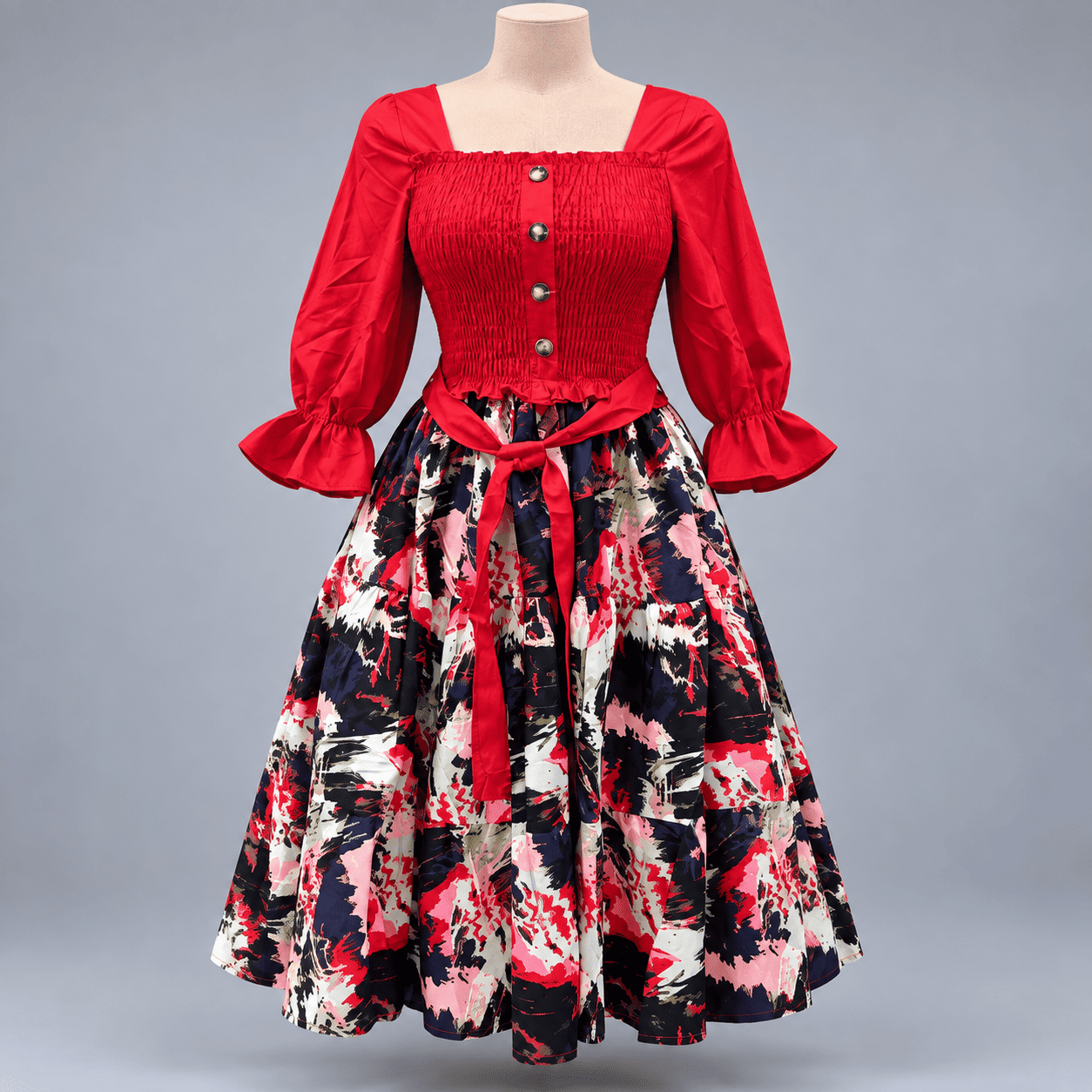 Women's Smocked Floral Puff Sleeve Midi Dress