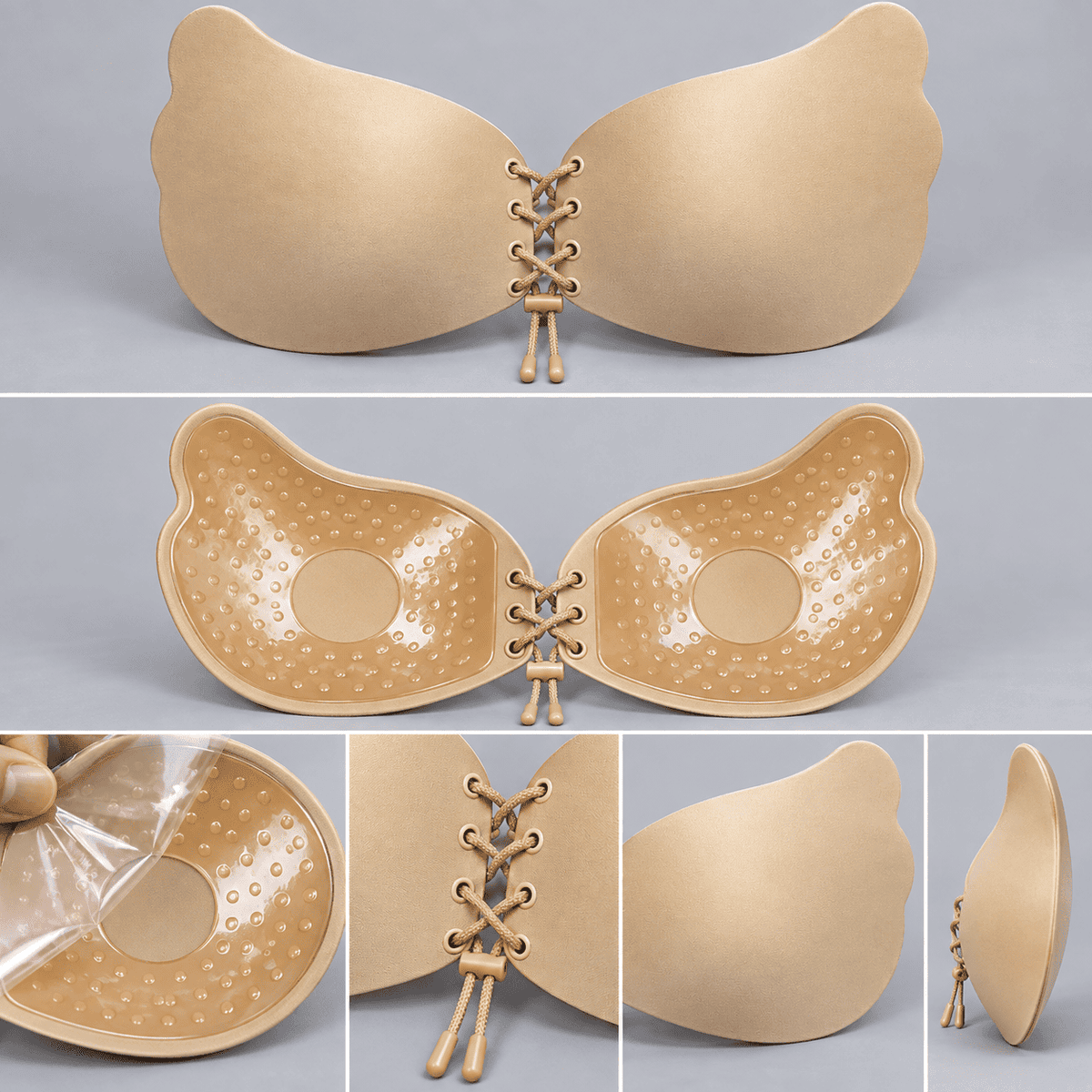 Strapless Backless Lace-Up Adhesive Push-Up Bra - Cream - Cream