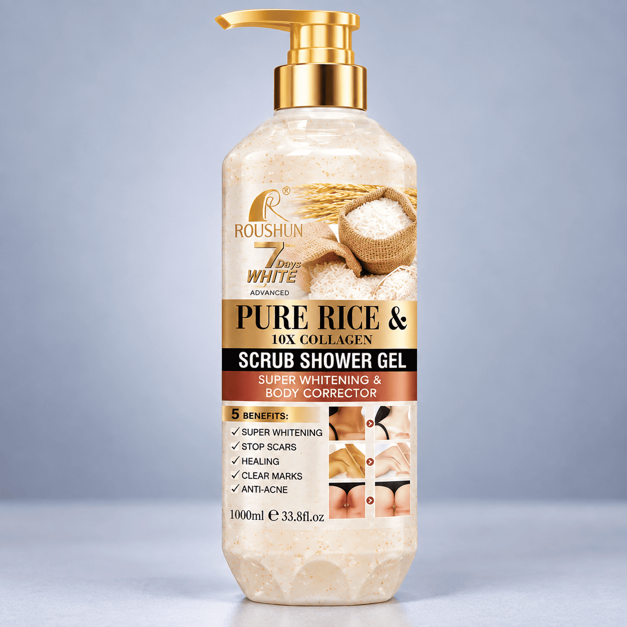 ROUSHUN Pure Rice & 10X Collagen Scrub Shower Gel